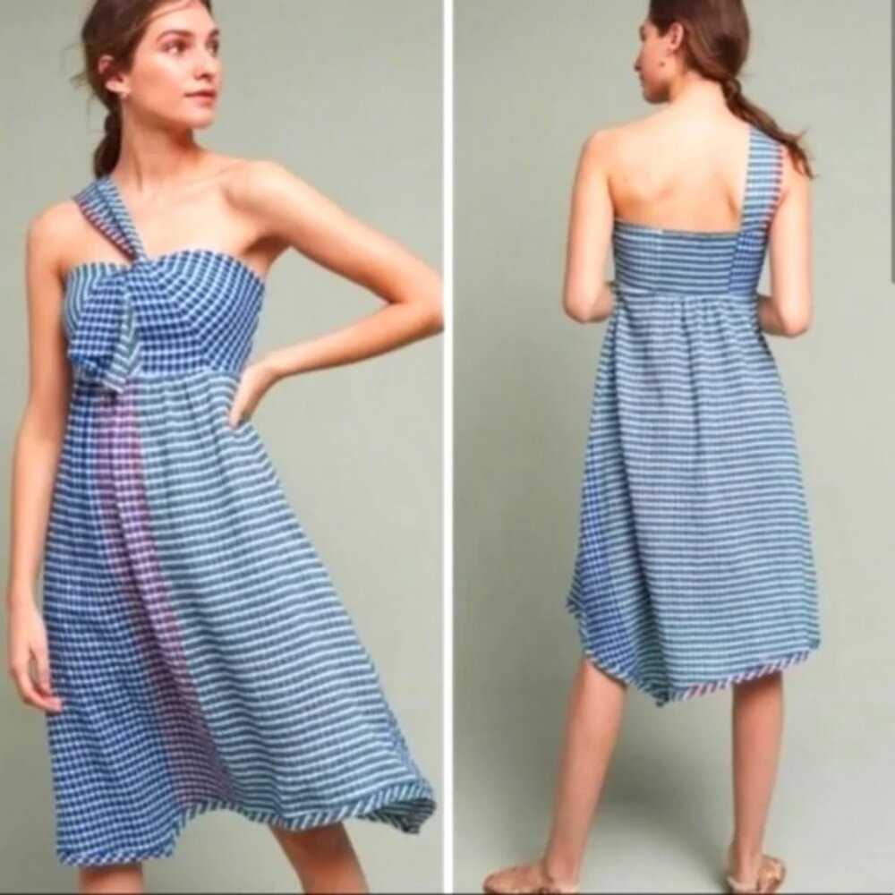 Anthropologie Maeve Blue Pink Checkered Textured Waverly One Shoulder Dress